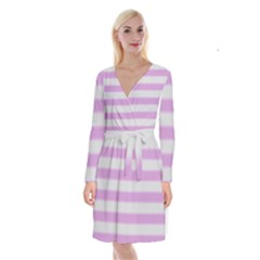 Bold Stripes Soft Pink Pattern Long Sleeve Velvet Front Wrap Dress