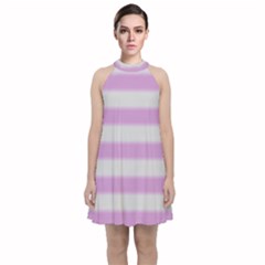 Bold Stripes Soft Pink Pattern Velvet Halter Neckline Dress 