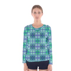 Mod Blue Green Square Pattern Women s Long Sleeve Tee