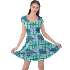 Mod Blue Green Square Pattern Cap Sleeve Dress