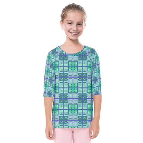 Mod Blue Green Square Pattern Kids  Quarter Sleeve Raglan Tee by BrightVibesDesign
