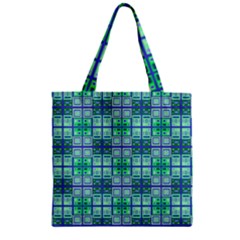 Mod Blue Green Square Pattern Zipper Grocery Tote Bag by BrightVibesDesign