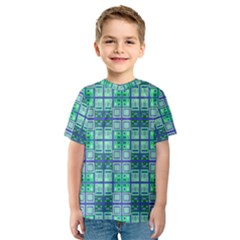 Mod Blue Green Square Pattern Kids  Sport Mesh Tee