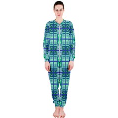Mod Blue Green Square Pattern Onepiece Jumpsuit (ladies) 