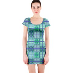 Mod Blue Green Square Pattern Short Sleeve Bodycon Dress