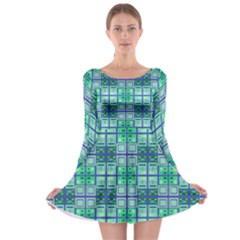 Mod Blue Green Square Pattern Long Sleeve Skater Dress