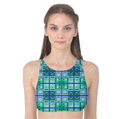 Mod Blue Green Square Pattern Tank Bikini Top