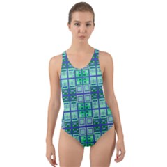 Mod Blue Green Square Pattern Cut-out Back One Piece Swimsuit