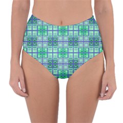 Mod Blue Green Square Pattern Reversible High-waist Bikini Bottoms