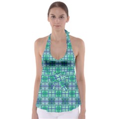 Mod Blue Green Square Pattern Babydoll Tankini Top