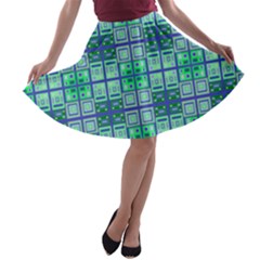 Mod Blue Green Square Pattern A-line Skater Skirt