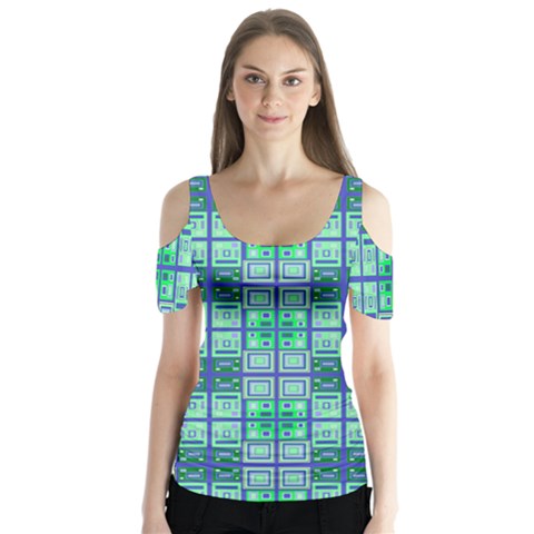 Mod Blue Green Square Pattern Butterfly Sleeve Cutout Tee  by BrightVibesDesign