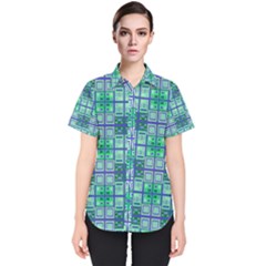 Mod Blue Green Square Pattern Women s Short Sleeve Shirt