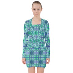 Mod Blue Green Square Pattern V-neck Bodycon Long Sleeve Dress