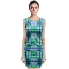 Mod Blue Green Square Pattern Sleeveless Velvet Midi Dress