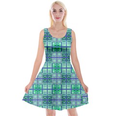 Mod Blue Green Square Pattern Reversible Velvet Sleeveless Dress