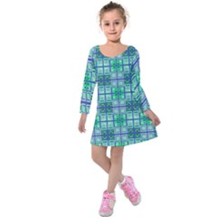 Mod Blue Green Square Pattern Kids  Long Sleeve Velvet Dress