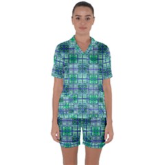 Mod Blue Green Square Pattern Satin Short Sleeve Pyjamas Set