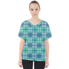 Mod Blue Green Square Pattern V-neck Dolman Drape Top