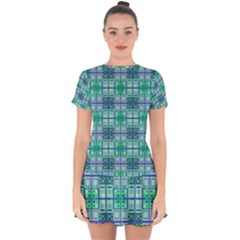 Mod Blue Green Square Pattern Drop Hem Mini Chiffon Dress