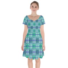 Mod Blue Green Square Pattern Short Sleeve Bardot Dress