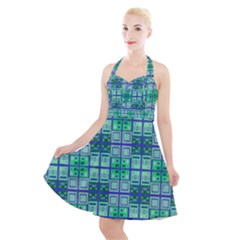 Mod Blue Green Square Pattern Halter Party Swing Dress 