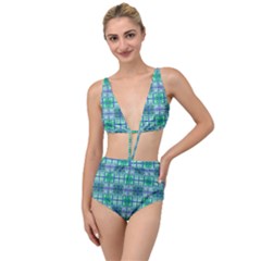 Mod Blue Green Square Pattern Tied Up Two Piece Swimsuit