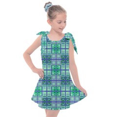 Mod Blue Green Square Pattern Kids  Tie Up Tunic Dress