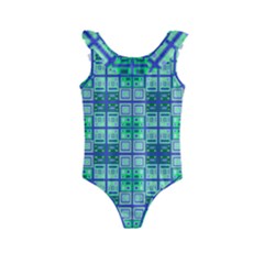 Mod Blue Green Square Pattern Kids  Frill Swimsuit