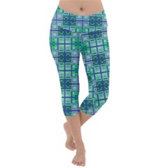 Mod Blue Green Square Pattern Lightweight Velour Capri Yoga Leggings