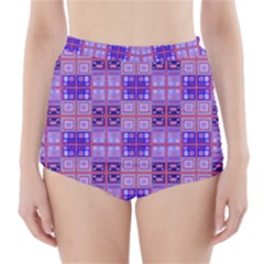 Mod Purple Pink Orange Squares Pattern High-waisted Bikini Bottoms