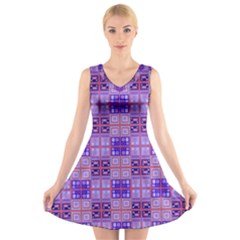 Mod Purple Pink Orange Squares Pattern V-neck Sleeveless Dress by BrightVibesDesign