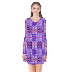 Mod Purple Pink Orange Squares Pattern Long Sleeve V-neck Flare Dress