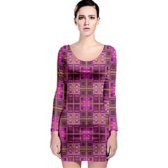 Mod Pink Purple Yellow Square Pattern Long Sleeve Bodycon Dress by BrightVibesDesign