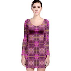 Mod Pink Purple Yellow Square Pattern Long Sleeve Velvet Bodycon Dress by BrightVibesDesign