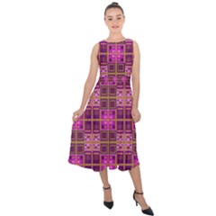 Mod Pink Purple Yellow Square Pattern Midi Tie-back Chiffon Dress