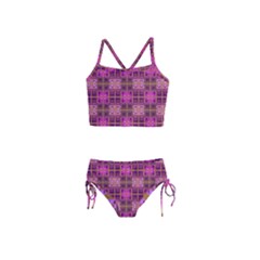 Mod Pink Purple Yellow Square Pattern Girls  Tankini Swimsuit by BrightVibesDesign