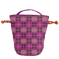 Mod Pink Purple Yellow Square Pattern Drawstring Bucket Bag by BrightVibesDesign