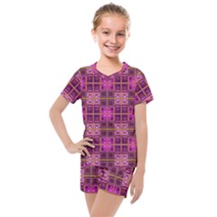 Mod Pink Purple Yellow Square Pattern Kids  Mesh Tee And Shorts Set