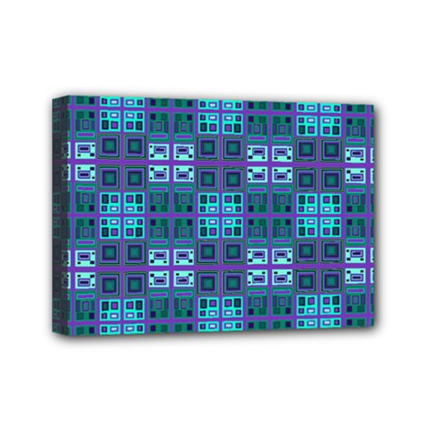 Mod Purple Green Turquoise Square Pattern Mini Canvas 7  X 5  (stretched) by BrightVibesDesign