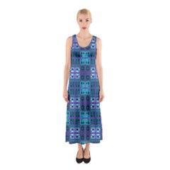 Mod Purple Green Turquoise Square Pattern Sleeveless Maxi Dress