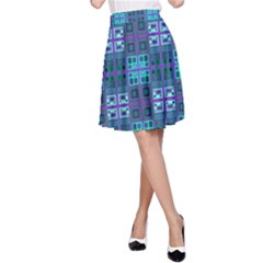 Mod Purple Green Turquoise Square Pattern A-line Skirt