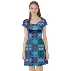 Mod Purple Green Turquoise Square Pattern Short Sleeve Skater Dress by BrightVibesDesign