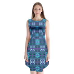 Mod Purple Green Turquoise Square Pattern Sleeveless Chiffon Dress  