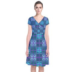 Mod Purple Green Turquoise Square Pattern Short Sleeve Front Wrap Dress