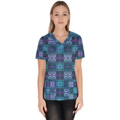 Mod Purple Green Turquoise Square Pattern Women s V-neck Scrub Top