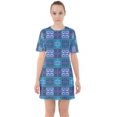 Mod Purple Green Turquoise Square Pattern Sixties Short Sleeve Mini Dress