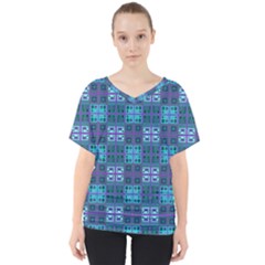 Mod Purple Green Turquoise Square Pattern V-neck Dolman Drape Top