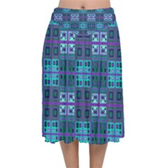 Mod Purple Green Turquoise Square Pattern Velvet Flared Midi Skirt