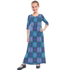 Mod Purple Green Turquoise Square Pattern Kids  Quarter Sleeve Maxi Dress